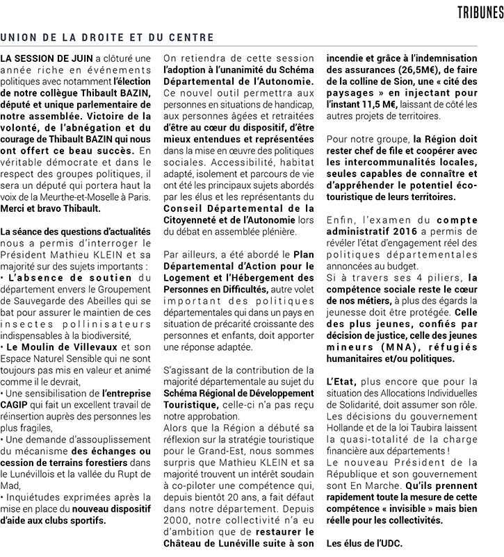 Tribune du groupe UDC 54 dans le magazine du Conseil Départemental