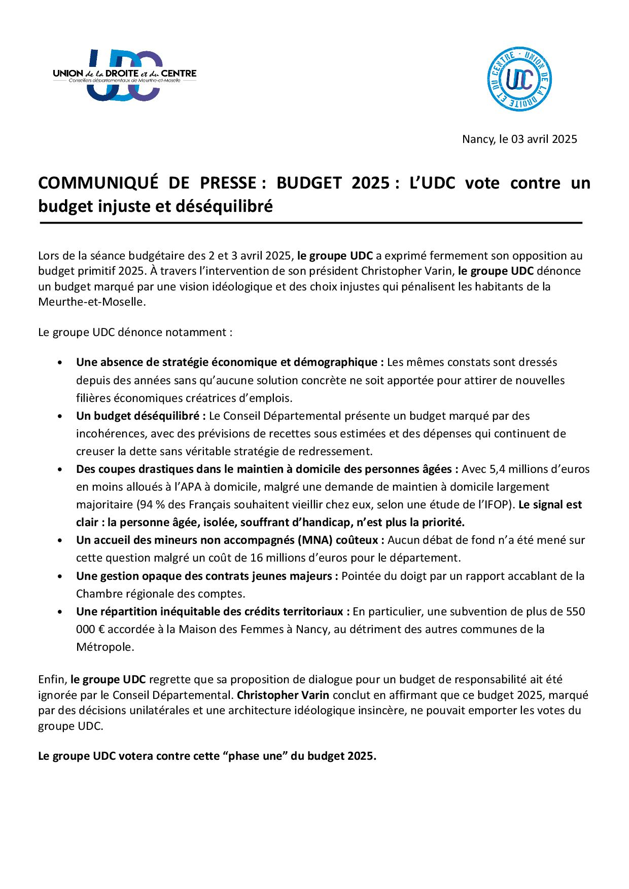 Communiqué de presse BUDGET 2025